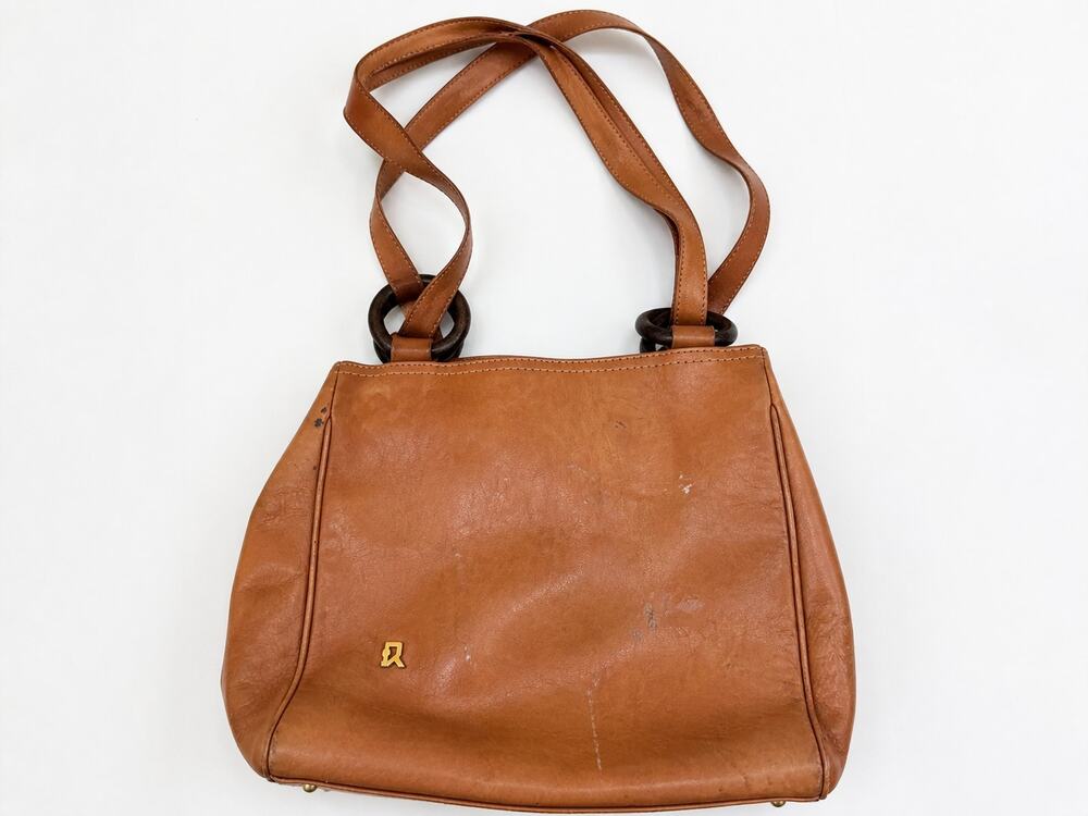 Italian Genuine Leather Brown Shoulder Bag Wooden Ring Strap Tote Handbag
